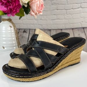 BORN Black Leather Espadrilles Wedges